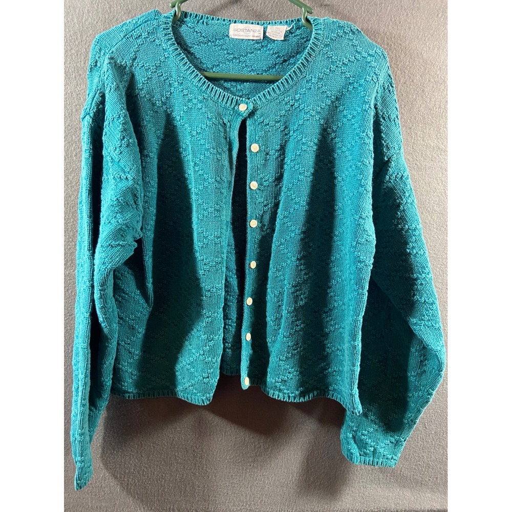 vtg women ramie Cardigan large Sweater Cotton chunky Knit Teal fisherman coastal